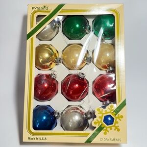 12 Vintage Colored Pyramid Mercury Glass Round Bulb Ornaments